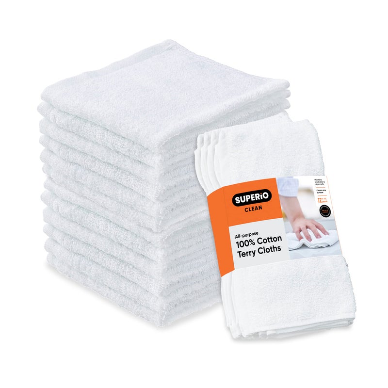Superio White Washcloths 12 Pack Terry Cloth Rags 100% Cotton 12" Cleaning Cloths, Kitchen Towels, Facial Washcloth, Spa Cloths, Hand Towel, Small Lint Free Rags for Multi-Purposes - Image 1
